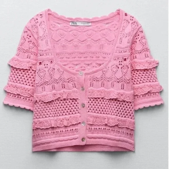 NEW ZARA Pink Cotton Knit Crochet Crop Top: Cottagecore Cardigan - Picture 6 of 16
